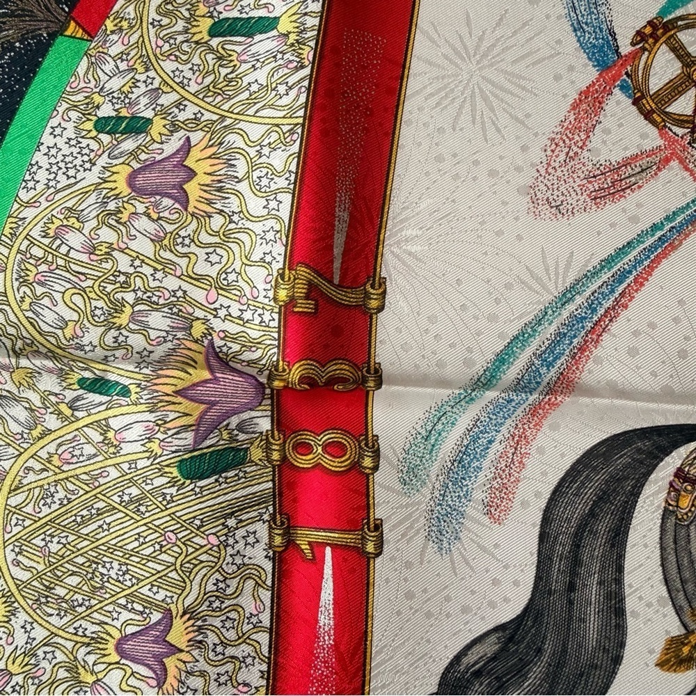 Hermes Feux d'Artifice 100% Silk Scarf in Black Red White and Gold - Picture 4 of 10